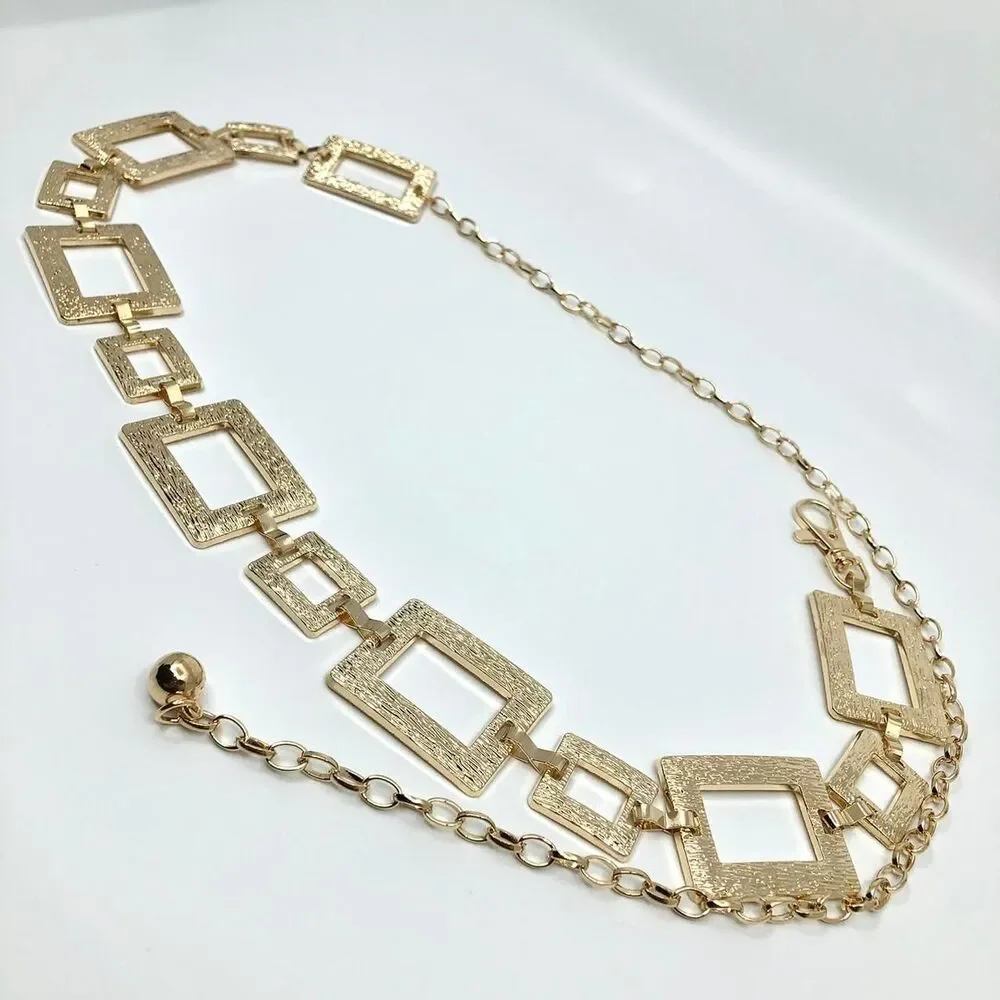 Y2K Geometric Gold Textured Square Link Chain Belt, Up to 44 Inches, X7GA1140
